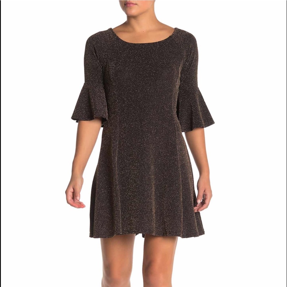 Metallic Knit Bell Sleeve Mini Dress Black-Gold